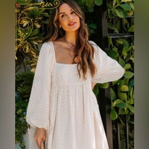 Jacquard Square Neck Balloon Sleeve wedding party maxi dress off white Sz M